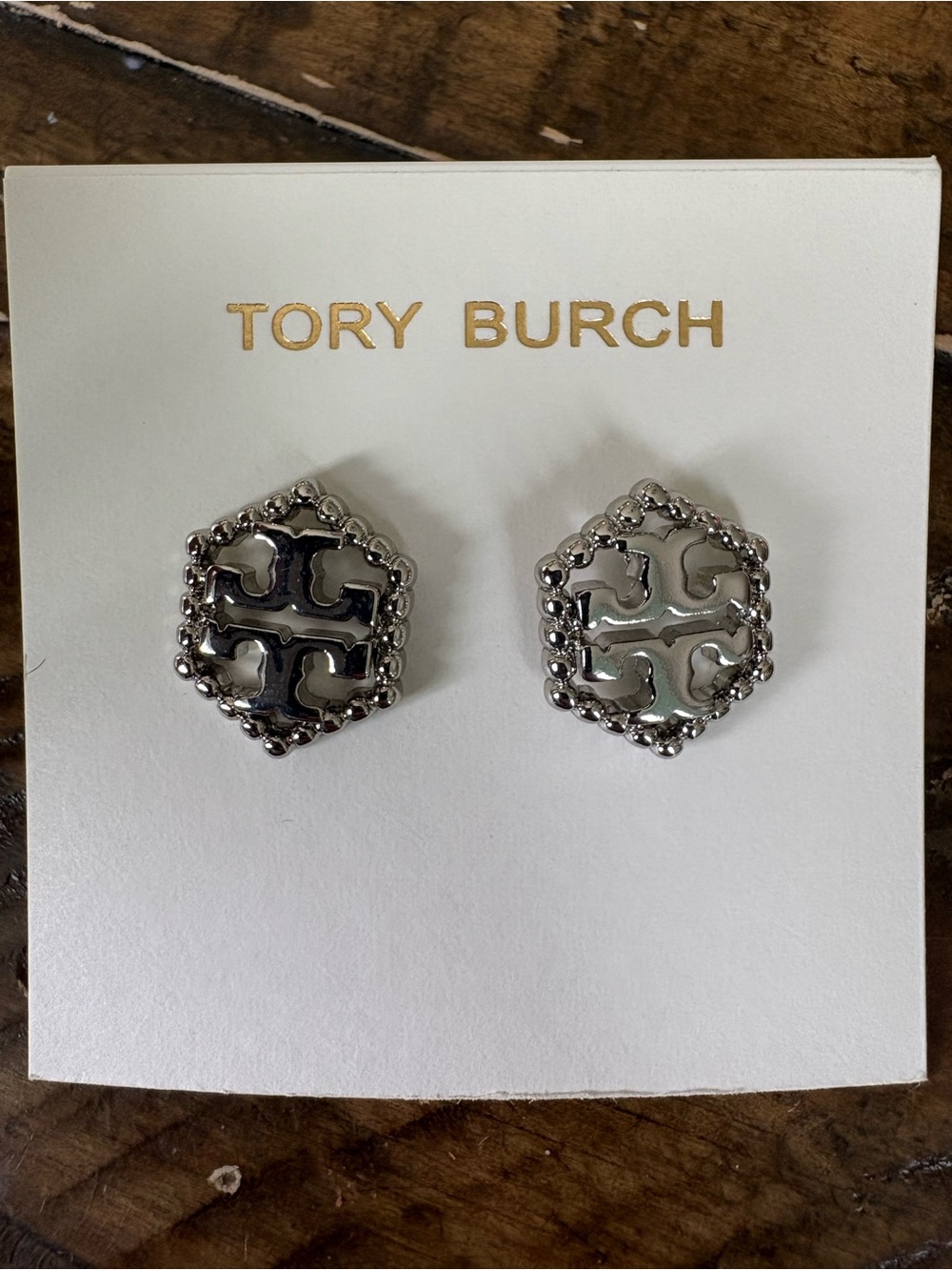 Tory Burch Hexagon Beaded Logo Studs in Silver Tone